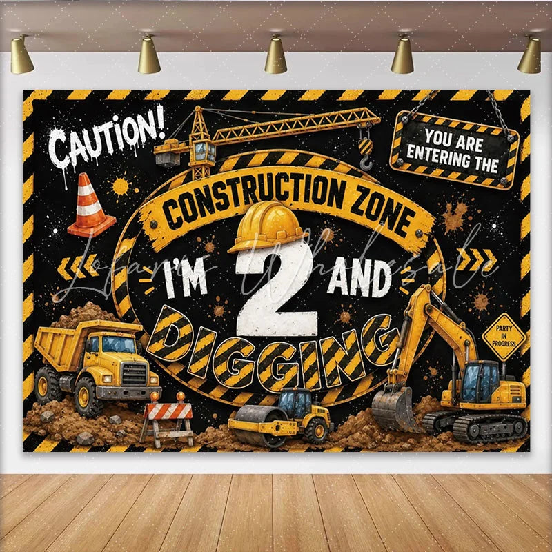 Lofaris Construction Zone 2nd Birthday Backdrop with Dump Truck and Excavator Black and Yellow Party Background for Kids