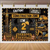 Lofaris Construction Zone 2nd Birthday Backdrop with Yellow Trucks and Digging Theme Party Decoration for Kids Photoshoot
