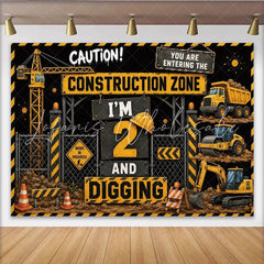 Lofaris Construction Zone 2nd Birthday Backdrop with Yellow Trucks and Digging Theme Party Decoration for Kids Photoshoot