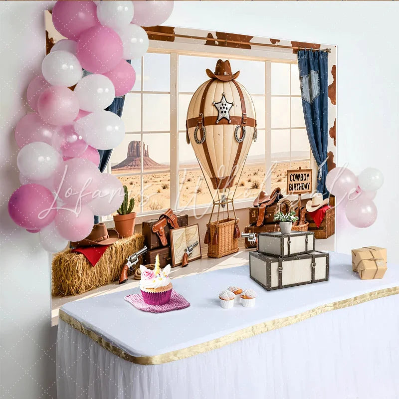 Lofaris Cowboy Birthday Backdrop with Hot Air Balloon and Desert Landscape Western Theme Party Background for Photography