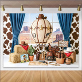 Lofaris Cowboy Birthday Photography Backdrop with Hot Air Balloon Hay Bales and Desert View Western Themed Party Decor for Kids Photoshoot