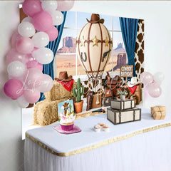 Lofaris Cowboy Birthday Photography Backdrop with Hot Air Balloon Hay Bales and Desert View Western Themed Party Decor for Kids Photoshoot