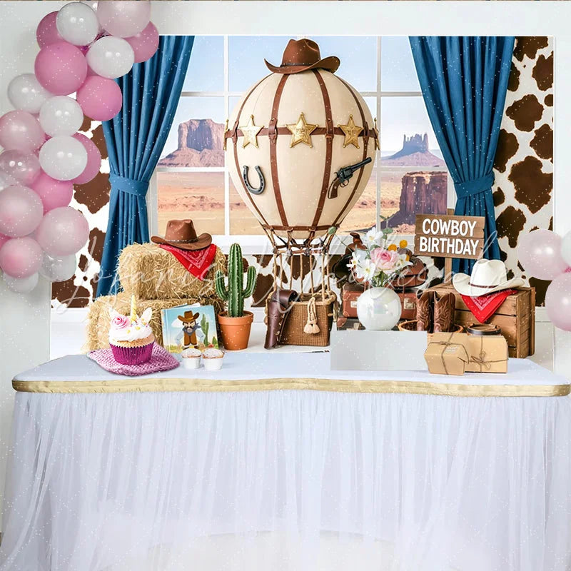 Lofaris Cowboy Birthday Photography Backdrop with Hot Air Balloon Hay Bales and Desert View Western Themed Party Decor for Kids Photoshoot