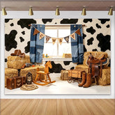 Lofaris Cowboy Western Photography Backdrop with Cow Print and Hay Bales Rustic Farm Studio Background for Kids Photoshoot