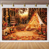 Lofaris Cozy Autumn Camping Photography Backdrop with Teepee Tent String Lights and Fall Leaves Warm Forest Sunset for Outdoor Photoshoot