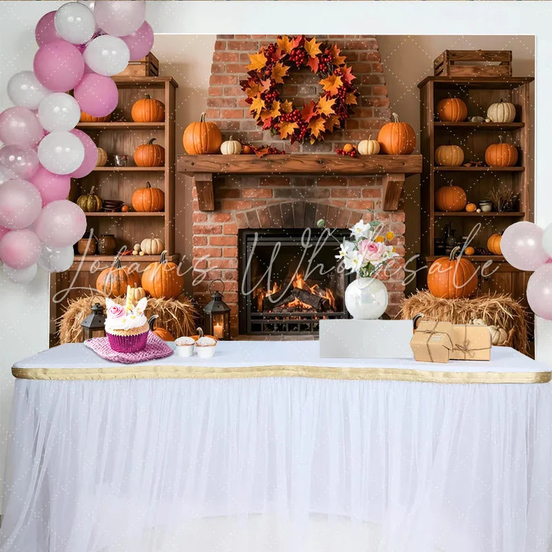 Lofaris Cozy Autumn Fireplace Backdrop with Pumpkins and Fall Wreath Rustic Harvest Season Background for Thanksgiving Decor