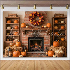 Lofaris Cozy Autumn Fireplace Backdrop with Pumpkins and Fall Wreath Rustic Harvest Season Background for Thanksgiving Decor