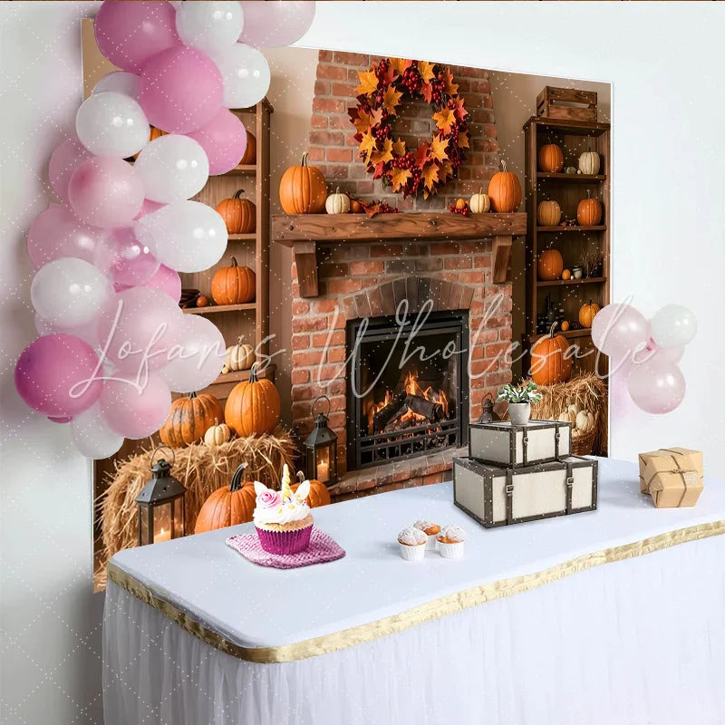 Lofaris Cozy Autumn Fireplace Backdrop with Pumpkins and Fall Wreath Rustic Harvest Season Background for Thanksgiving Decor