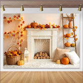Lofaris Cozy Autumn Harvest Backdrop with White Fireplace Pumpkins and Fall Leaves Warm Thanksgiving Photography Background for Home Decor