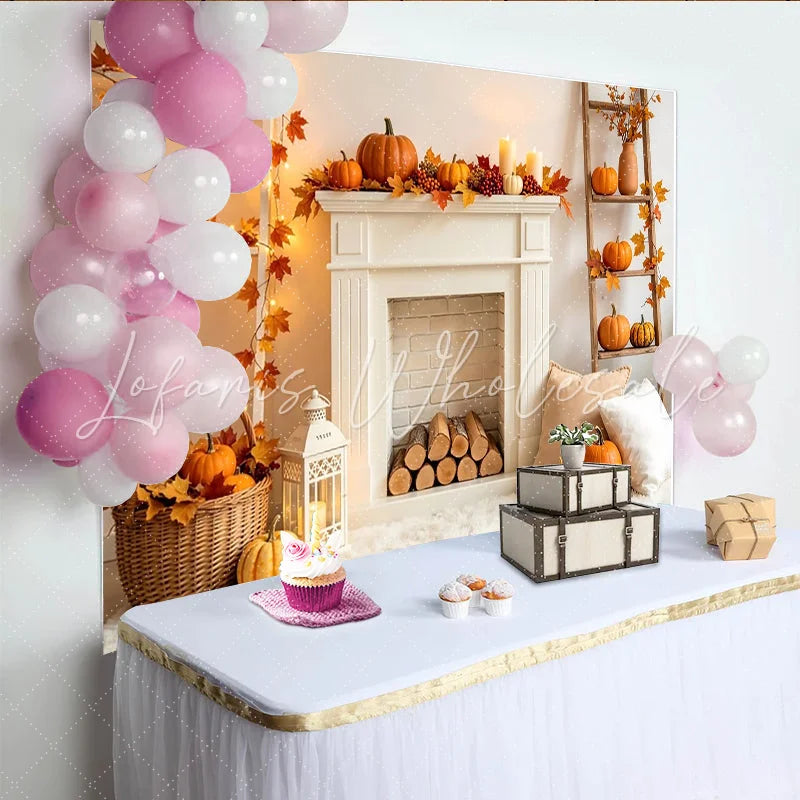 Lofaris Cozy Autumn Harvest Backdrop with White Fireplace Pumpkins and Fall Leaves Warm Thanksgiving Photography Background for Home Decor