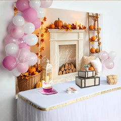 Lofaris Cozy Autumn Harvest Backdrop with White Fireplace Pumpkins and Fall Leaves Warm Thanksgiving Photography Background for Home Decor