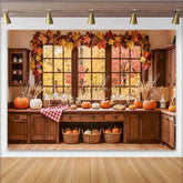 Lofaris Cozy Autumn Kitchen Thanksgiving Backdrop for Family Feast Rustic Pumpkin and Maple Leaf Background for Photo Studio