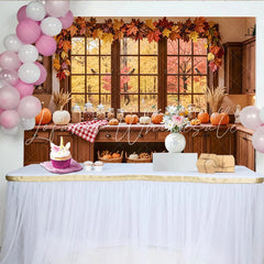 Lofaris Cozy Autumn Kitchen Thanksgiving Backdrop for Family Feast Rustic Pumpkin and Maple Leaf Background for Photo Studio
