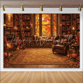 Lofaris Cozy Autumn Library Photography Backdrop with Fireplace and Window Warm Fall Season Background for Portraits Studio and Home Decor