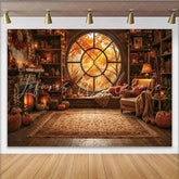 Lofaris Cozy Autumn Library Photography Backdrop with Round Window and Fall Leaves Rustic Fireplace Background for Studio Portrait