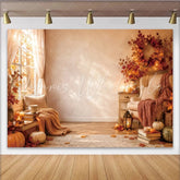 Lofaris Cozy Autumn Living Room Window Backdrop with Fall Leaves and Pumpkins Warm Indoor Photography Background for Seasonal Decor