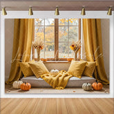 Lofaris Cozy Autumn Photography Backdrop with Yellow Curtains and Pumpkins Fall Window Scene Background for Seasonal Decor