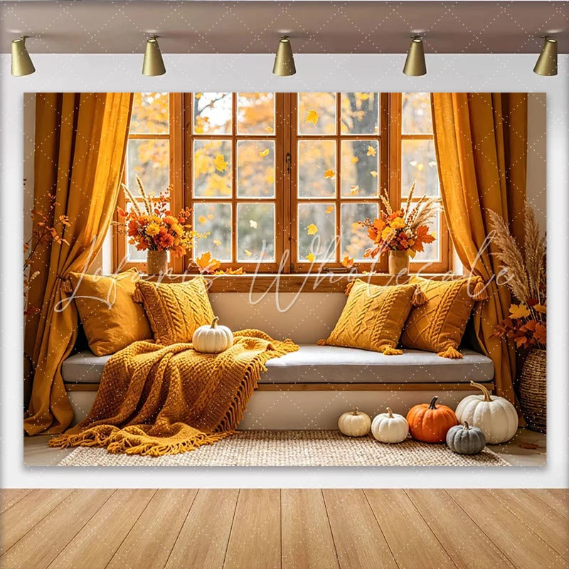 Lofaris Cozy Autumn Window Photography Backdrop with Fall Leaves Warm Seasonal Background for Studio Portraits and Home Decor