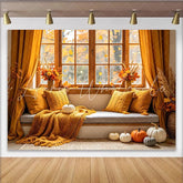 Lofaris Cozy Autumn Window Photography Backdrop with Fall Leaves Warm Seasonal Background for Studio Portraits and Home Decor