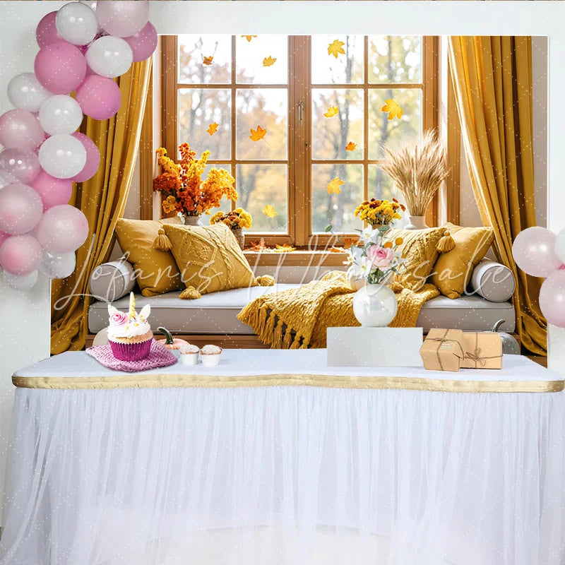 Lofaris Cozy Autumn Window Photography Backdrop with Pumpkins and Fall Leaves Rustic Seasonal Background for Studio Photoshoot and Home