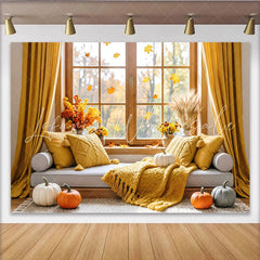 Lofaris Cozy Autumn Window Photography Backdrop with Pumpkins and Fall Leaves Rustic Seasonal Background for Studio Photoshoot and Home