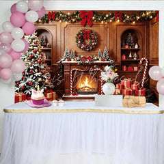 Lofaris Cozy Christmas Fireplace Backdrop with Decorated Tree and Gifts Festive Holiday Background for Family Photoshoot