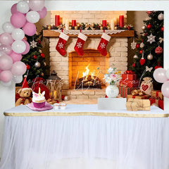 Lofaris Cozy Christmas Fireplace Backdrop with Decorated Trees and Gifts Festive Holiday Photography Background for Winter Party Decor