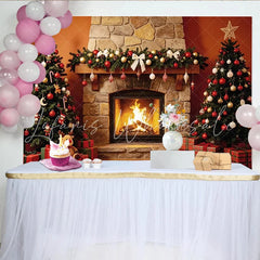 Lofaris Cozy Christmas Fireplace Backdrop with Decorated Trees and Presents Festive Holiday Background for Family Photoshoot and Winter