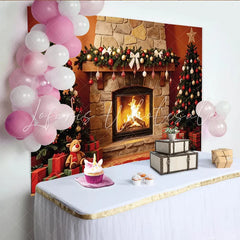 Lofaris Cozy Christmas Fireplace Backdrop with Decorated Trees and Presents Festive Holiday Background for Family Photoshoot and Winter