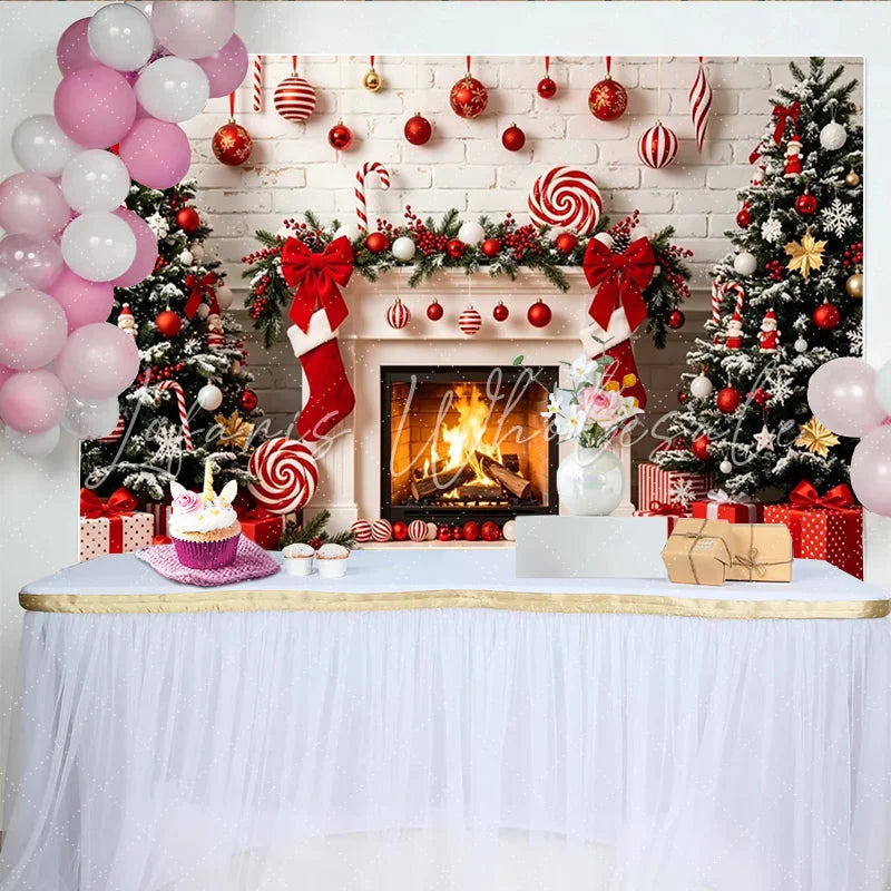 Lofaris Cozy Christmas Fireplace Backdrop with Decorated Trees and Red Stockings Beautiful Winter Holiday Background for Family Photoshoot