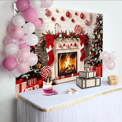 Lofaris Cozy Christmas Fireplace Backdrop with Decorated Trees and Red Stockings Beautiful Winter Holiday Background for Family Photoshoot
