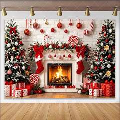 Lofaris Cozy Christmas Fireplace Backdrop with Decorated Trees and Red Stockings Beautiful Winter Holiday Background for Family Photoshoot