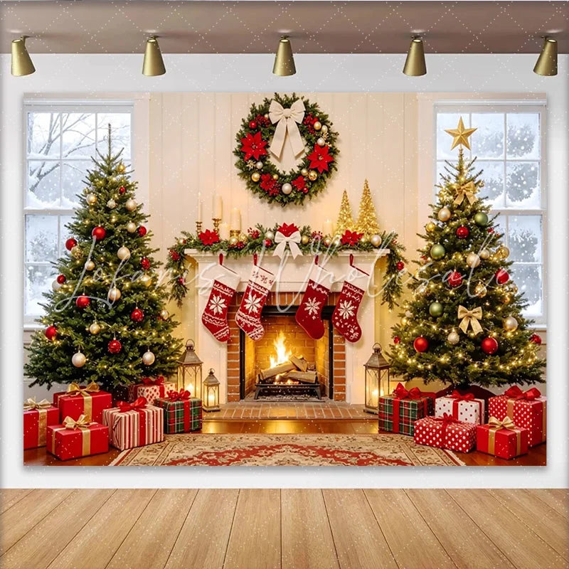Lofaris Cozy Christmas Fireplace Backdrop with Decorated Trees and Stockings Elegant Holiday Background for Family Photoshoot