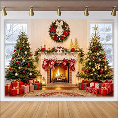 Lofaris Cozy Christmas Fireplace Backdrop with Decorated Trees and Stockings Elegant Holiday Background for Family Photoshoot