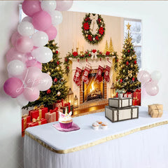 Lofaris Cozy Christmas Fireplace Backdrop with Decorated Trees and Stockings Elegant Holiday Background for Family Photoshoot