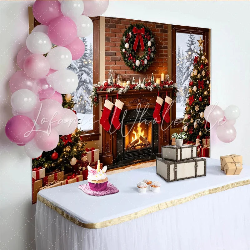 Lofaris Cozy Christmas Fireplace Backdrop with Decorated Trees and Wreath Elegant Studio Background for Holiday Photoshoot and Festive Decor
