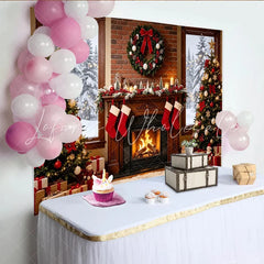 Lofaris Cozy Christmas Fireplace Backdrop with Decorated Trees and Wreath Elegant Studio Background for Holiday Photoshoot and Festive Decor