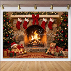 Lofaris Cozy Christmas Fireplace Backdrop with Decorated Trees Stockings and Gifts Festive Holiday for Family Photography and Party Decor
