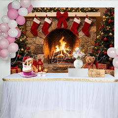 Lofaris Cozy Christmas Fireplace Backdrop with Decorated Trees Stockings and Gifts Festive Holiday for Family Photography and Party Decor