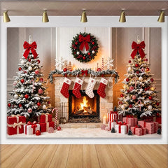 Lofaris Cozy Christmas Fireplace Backdrop with Snow Dusted Trees and Gifts Festive Holiday Background for Family Photos and Winter Decor