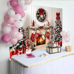 Lofaris Cozy Christmas Fireplace Backdrop with Snow-Dusted Trees Elegant Holiday Background for Winter Photography and Festive Decor