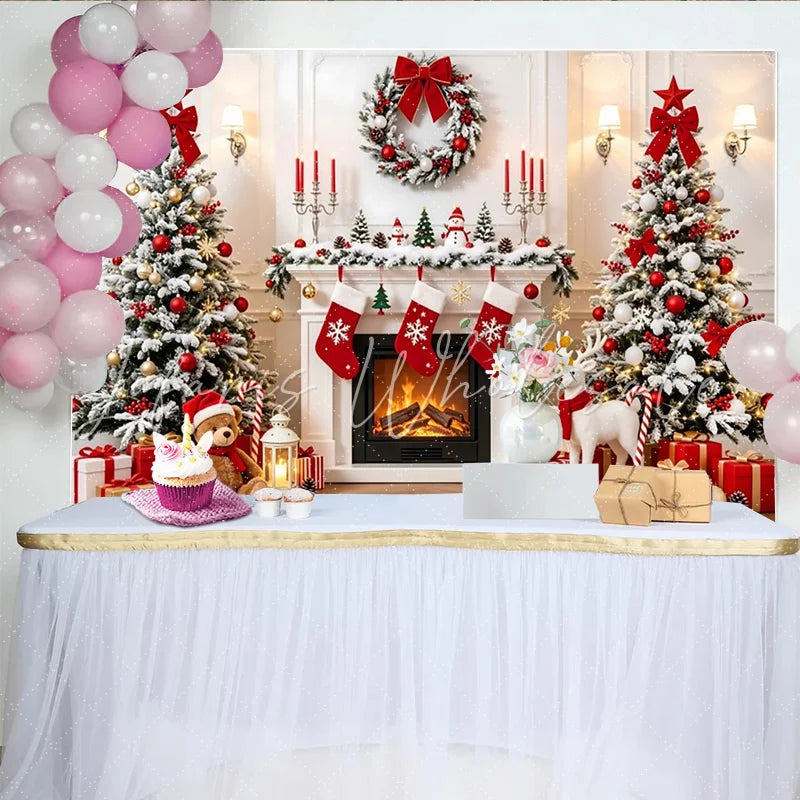 Lofaris Cozy Christmas Fireplace Backdrop with Snow-Dusted Trees Red Ornaments and Festive Gifts Winter Holiday for Family Photoshoot