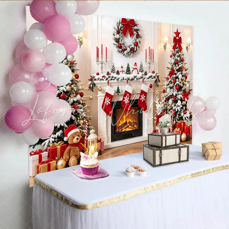 Lofaris Cozy Christmas Fireplace Backdrop with Snow-Dusted Trees Red Ornaments and Festive Gifts Winter Holiday for Family Photoshoot