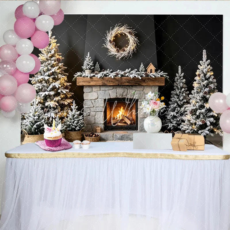 Lofaris Cozy Christmas Fireplace Backdrop with Snowy Trees and Warm Lights Elegant Winter Holiday Background for Family Photoshoot