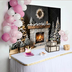 Lofaris Cozy Christmas Fireplace Backdrop with Snowy Trees and Warm Lights Elegant Winter Holiday Background for Family Photoshoot