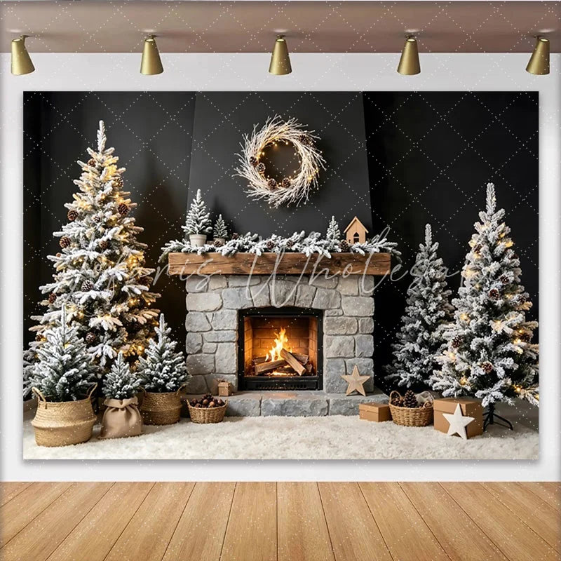 Lofaris Cozy Christmas Fireplace Backdrop with Snowy Trees and Warm Lights Elegant Winter Holiday Background for Family Photoshoot