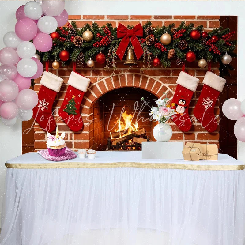 Lofaris Cozy Christmas Fireplace Backdrop with Stockings and Garland Warm Holiday Background for Family Photos and Winter Decor.