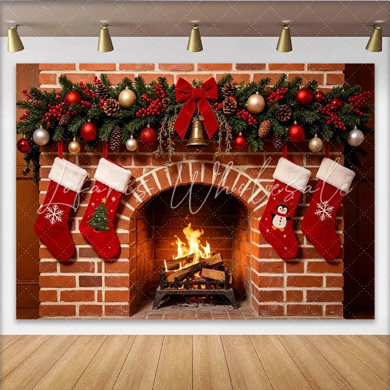 Lofaris Cozy Christmas Fireplace Backdrop with Stockings and Garland Warm Holiday Background for Family Photos and Winter Decor.