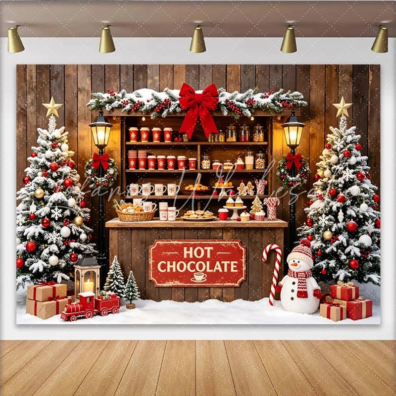 Lofaris Cozy Christmas Hot Chocolate Stand Backdrop with Snowman and Decorated Trees Winter Holiday Decor for Photoshoot