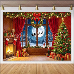 Lofaris Cozy Christmas Room Backdrop with Fireplace and Decorated Tree Magical Winter Night Background for Holiday Party Photoshoot